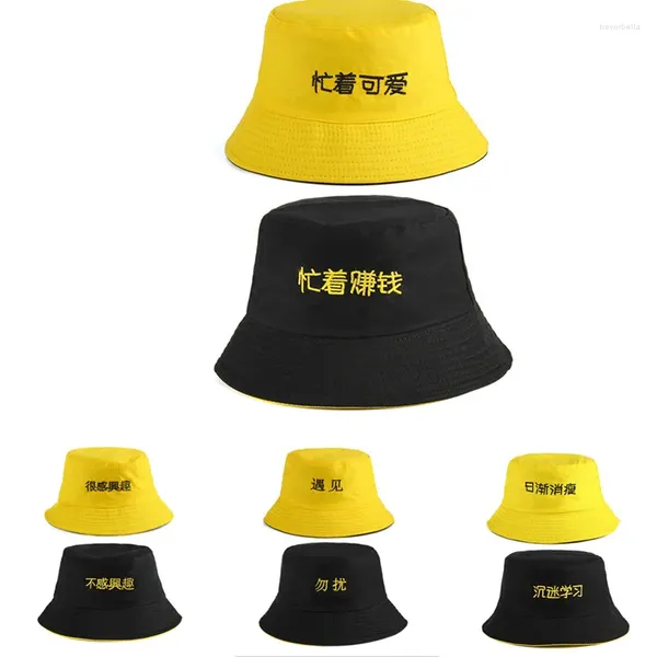 Boinas 2023 algodón de doble cara negro amarillo bordado cubo sombrero pescador viaje al aire libre gorra sombreros para hombres y mujeres