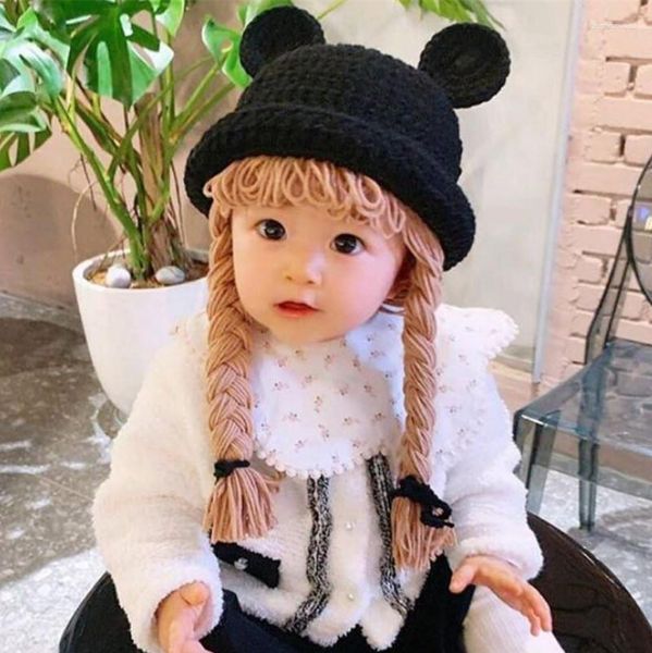 Boinas 2023 lindo bebé niña niño cubo sombrero pelo coleta trenza peluca gorro invierno cálido ganchillo tejido niños niñas sombreros y gorras negro