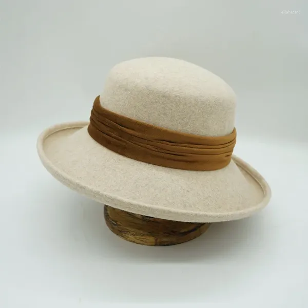 Boinas 2023 elegante retro pequeña fragancia beige lana sombrero de copa de mujer otoño e invierno británico francés versátil olla de felpa fieltro