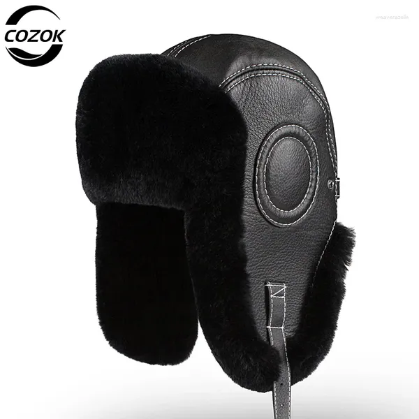 Bérets 2023 Mode Hommes Véritable Rex Fourrure Bomber Chapeau Ushanka Cap Trapper Russe Homme Ski Chapeaux Casquettes En Cuir De Mouton Hiver Chaud