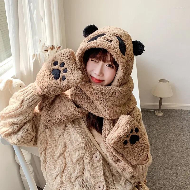 Boinas 2023 Moda Panda Gorros Gorras Invierno Cálido Sombrero Casual Felpa Bufanda Guantes Set Faux Fur Mujeres