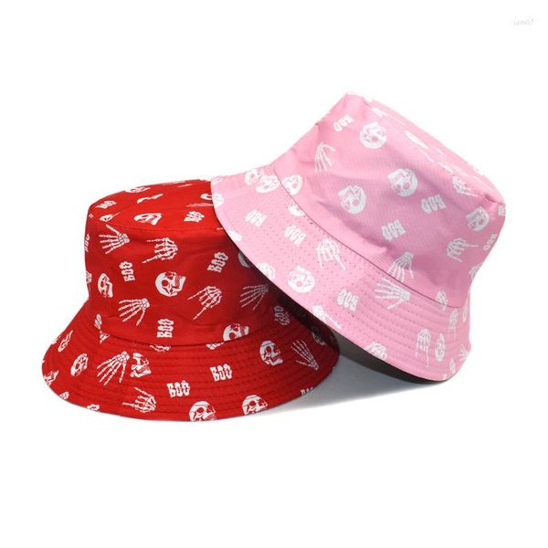 Boinas 2023 Moda Skull Print Bucket Hat Mujeres Harajuku Hip Hop Cap Doble Lado Pescador Pesca Playa Sombreros para el sol