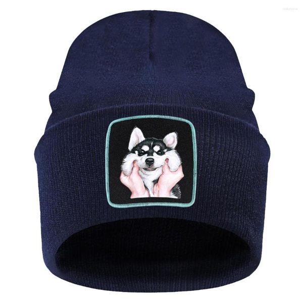 Bérets 2023 Mode unisexe Beanie Husky mignon chien imprimé chapeaux tricotés Skullies bonnets pour hommes hiver Streetwear chaud casquette de ski