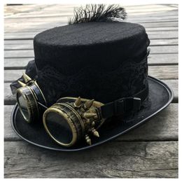 Bérets 2023 Mode Femmes Handmade Steampunk Top Hat avec lunettes de vitesse et dentelle Stage Magic Party Taille 57cm