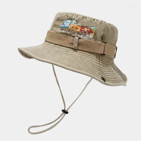 Boinas 2023 Four Seasons Algodón Tren de dibujos animados Bordado Sombrero de cubo Pescador al aire libre Viaje Gorra de sol para hombres y mujeres 16