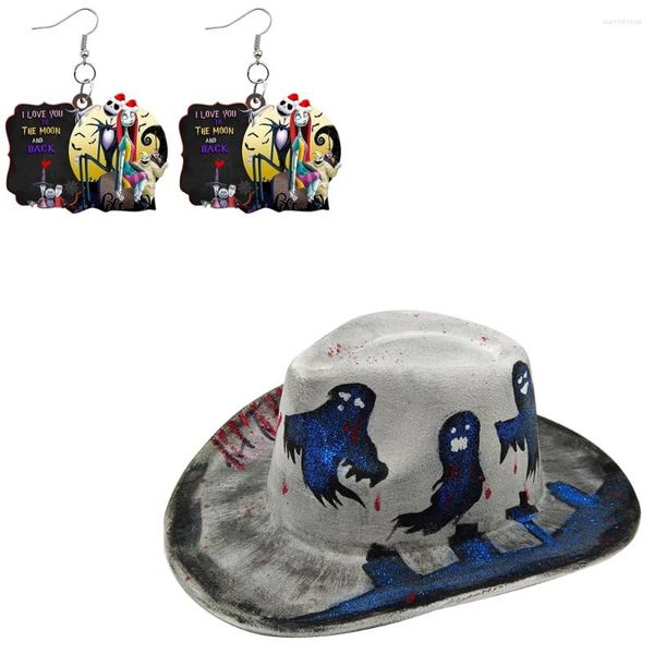 Bérets 2023 Halloween Noël Pie Boucles d'oreilles Paire Peint à la main Coloré Denim Chapeau Crâne Motif