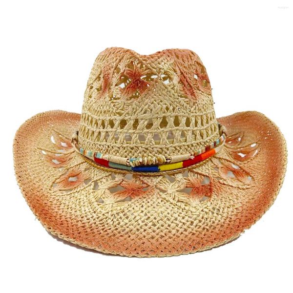 Boinas 2023 Hollow Cowboy Sombrero de paja Hombres y mujeres Rolling Eaves Outdoor Beach Knight Accesorios