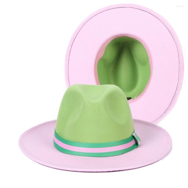 Boinas 2023 Lima verde y rosa de ala ancha Jazz Fedora Sombreros con cinturón de cuero Cinta Moda Mujeres Panamá Sombrero de boda