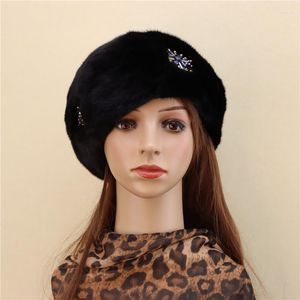Beretten 2023 Product hele mink baret vrouwelijke winter warm fluwelen bont mode volwassen lederen hoed
