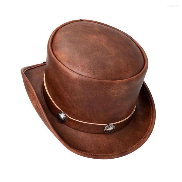 Bérets 2023 Punk Style Pu Leather Top Jazz Jazz Hat pour hommes / femmes Party Magic Cylinder Halloween Cosplay Dress Caps