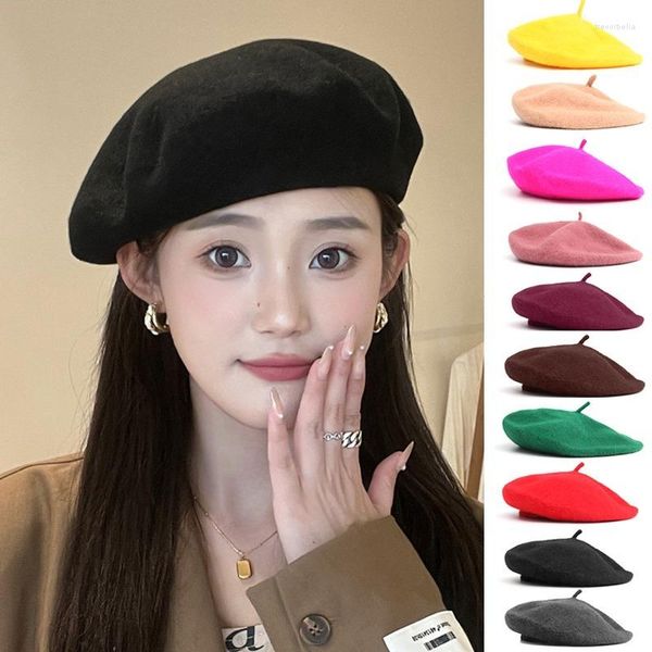 Boinas 2023 Retro Artista Boina Sombrero Color Sólido Sombreros de Lana para Mujeres Otoño Invierno Gorro Cálido Vintage Francés Plana Gorras Femeninas