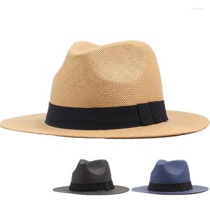 Bérets 2023 Ceinture noire solide Chapeau formel pour hommes Chapeau d'été Paille Plage Respirant Seau pour femmes 7cm à large bord Fedora