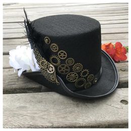 Bérets 2023 Steampunk Top Hat avec équipement en métal et fleur pour femmes faites à la main Cosplay taille 57CM