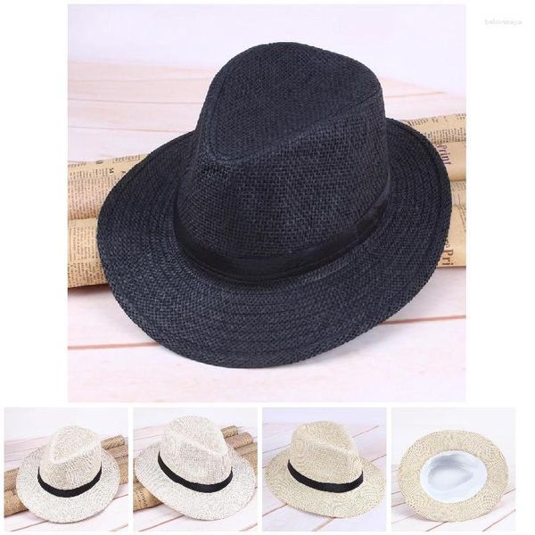 Bérets 2023 été décontracté unisexe plage Trilby grand bord Jazz chapeau de soleil Panama papier paille femmes hommes casquette avec ruban noir