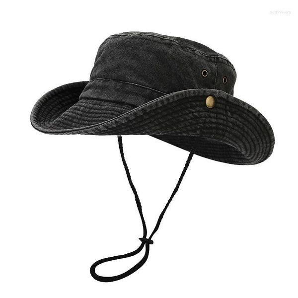 Bérets 2023 large bord seau chapeau de soleil compressible coton lavé UPF 50 plage femmes hommes avec cordes Cowboy extérieur Safari Boonie casquette