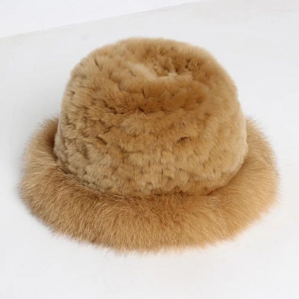 Berets 2023 Inverno Mulheres Real Rex Fur Cap Senhora Quente Malha Natural Chapéus Genuínos