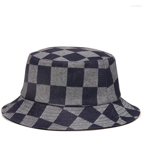 Bérets 2023 Chapeau de seau d'été pour femmes Plat Hip-Hop Denim Plaid Automne Grille Design De Mode Pêcheur Unisexe Panama Bob Cap