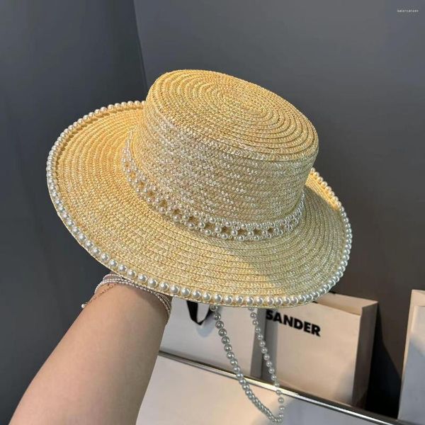 Bérets 202306-shi Ins Drop Summer Designer Style Full Pearl Chain Grace Handmade Straw Lady Fedoras Cap Femmes Panama Jazz Hat
