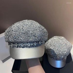 Berets 202311-My Ins Chic Autumn Tweed Silver Silk Woven Pu Brim Drill Chain Lady Octagonal Hat Women Visors Cap Wholesale