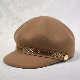 Berets 202312-Chen Ins Chic Winter Wool Filt Gold Chain Button Lady Equestrian Service Hat Women Visors Cap