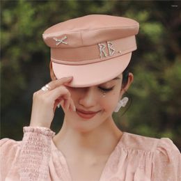 Boinas 2024 Marca Diseñador Primavera Verano Gorras Mujeres Dos colores Sboy Cap Crystal Adornado Satin Baker Boy Hat