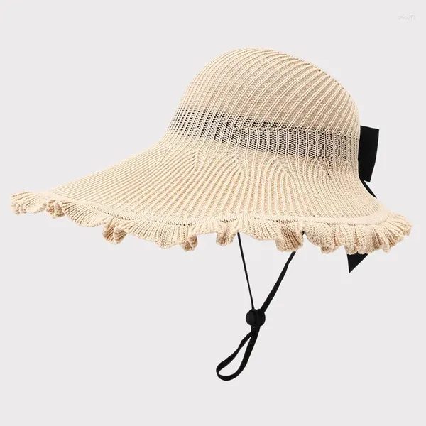 Bérets 2024 Pliable coréen Bowknot large bord chapeau de soleil pour les femmes été respirant plage bucekt extérieur vide haut crochet chapeaux