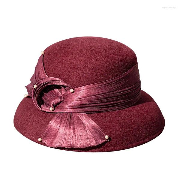 Bérets 2024 Chapeaux formels Hiver Pure Laine Feutre Fedora Chapeau Vin Rouge Perle Mère Cadeau Lady Top Grade Banquet de mariage