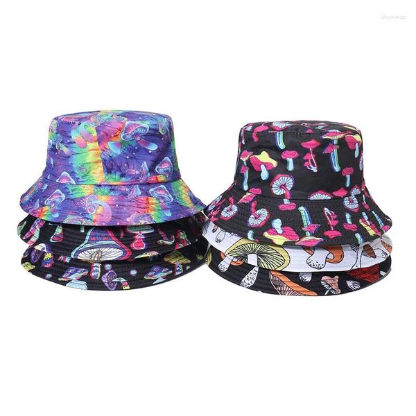 Bérets 2024 Spring and Summer Bucket Hat Femmes décontractées Sunshade polyvalent Sun Sun Sun Men Cartoon Champignon Imprimé extérieur Panama Bob Cap