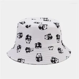 Bérets 2024 Summer Polyester Cartoon Panda Print Bucket Hat Fisherman Outdoor Travel Sun Cap pour hommes et femmes 08