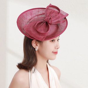 Bérets 2024 Gros Femmes Élégant Lin Coiffure Banquet Ball Mode Accessoires De Cheveux Chapeau Haut-de-Forme Rose