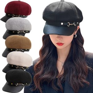 Boinas 2024 Mujeres Retro PU Cuero Gorro de lana Sombrero Negro Gris Al aire libre Ajustable Mujer Otoño Invierno Casual Señora para 230822