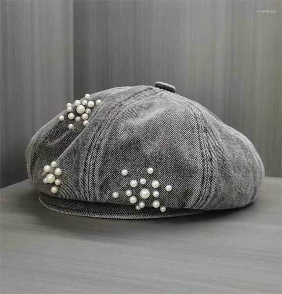 Bérets 202401-bd Ins Chic printemps Denim tissu perle décoration dame béret casquette femmes loisirs peintre chapeau