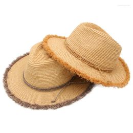 Berets 202401-Gaoda-Maobian Summer Handmade Raffia Grass Fringed Brim Lady Fedoras Cap Women Panama Jazz Hat