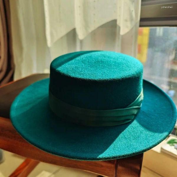 Bérets 202402-pan-vert laine feutre hiver beauté couleur ruban britannique classiques Fedoras casquette hommes femmes loisirs Panama Jazz chapeau