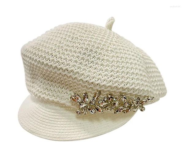 Boinas 202403 Ax. Ins Chic Summer Grass transpirable Cadena de cristal brillante Flower Leisure Lady Octogonal Women Visors Cap