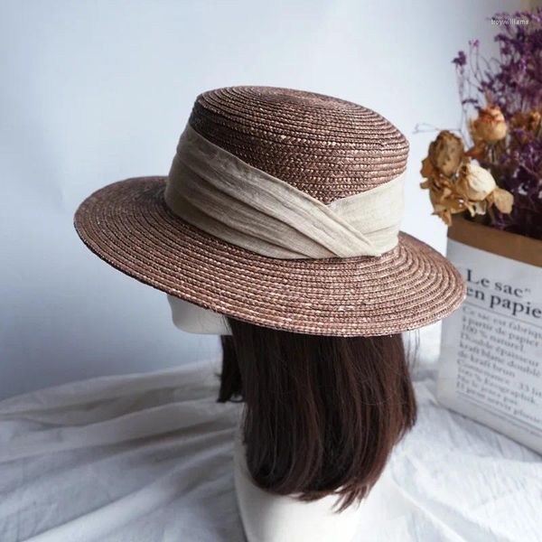 Bérets 202403-pan-zongkashe Drop été fait à la main ruban de paille marron plage dame Fedoras casquette femmes Panama Jazz chapeau