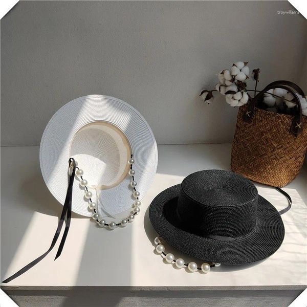 Boinas 202403-shi Ins Chic Summer Pearl Rope Whiter Grace Paper Grass Lady Fedoras Cap Mujeres Ocio Panamá Jazz Hat