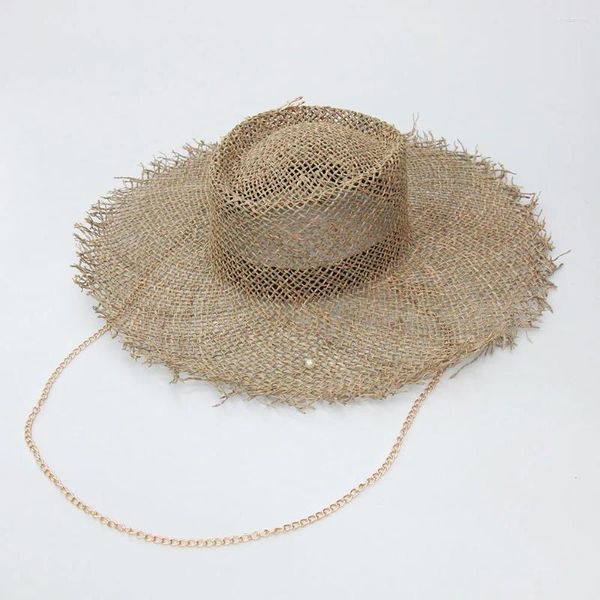 Boinas 202405-shi Chic Verano Moda Oro Pin Cadena Natural Sal Hierba Perla Ancho Ala Señora Fedoras Cap Mujeres Ocio Panamá Jazz Sombrero