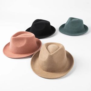 Bérets 202408-HH2072A Ins Drop hiver laine mélangée à petit bord solide Fedoras casquette hommes femmes Panama Jazz chapeau