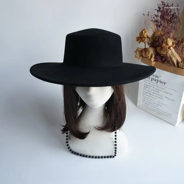 Bérets 202408-panshi automne hiver classique goutte laine noire feutre dame Fedoras casquette femmes loisirs Panama Jazz chapeau