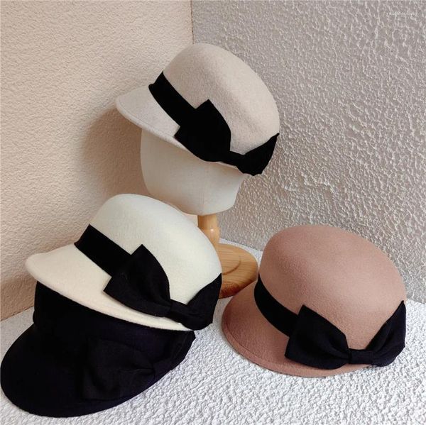 Bérets 202410-XL Chic Ins hiver Japon Grace côté Bowknot laine feutre mode rue chapeau équestre femmes octogonales visières casquette