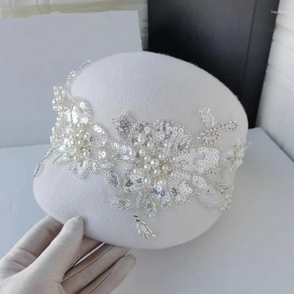 Bérets 202411-9326-8373 Ins Chic hiver paillettes fleur lait blanc laine feutre dame chapeau équestre femmes visières casquette