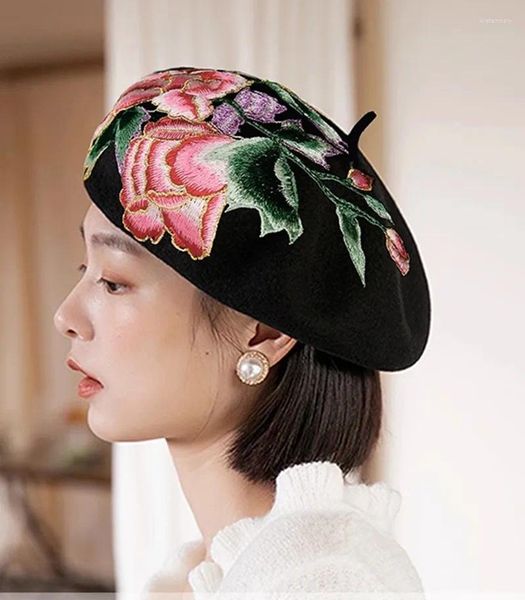 Bérets 202412-shi Ins Chic hiver concepteur Style ethnique passionné fleurs rouges laine feutre dame béret chapeau femmes loisirs peintre casquette