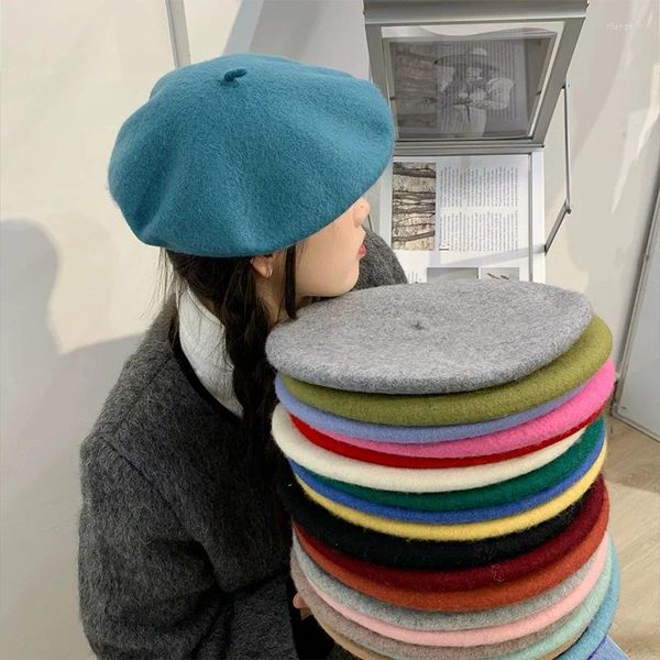 Boinas 20 colores mujeres sombreros de lana Otoño Invierno grueso artista francés boina pintor callejero sombrero niñas mujer gorro cálido gorros