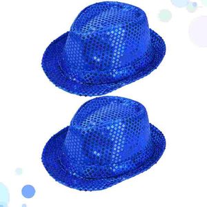 Berets 2pcs Color Sequins Fedora Hat Stage Shining Jazz Caps for Adults Costume Performance Party (Blue)