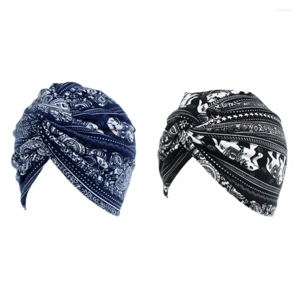 Boinas 2 unids estilo étnico turbante mujeres pañuelo en la cabeza sombrero de doble capa trenzado elástico tocado azul marino y negro patrón de elefante