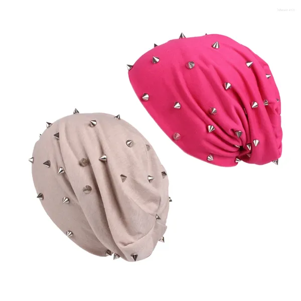 Bérets 2 pièces bonnet de cheveux écharpe Turban coton élastique chimio casquette chapeau rivet pour accessoires de spa (beige rose) cagoule