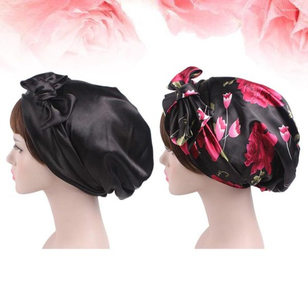 Bérets 2pcs Satin Bonnet Cap Bowknot Chapeau de nuit Perte de cheveux Casquettes de chimio pour Dreadlocks Tresses bouclées Long sommeil