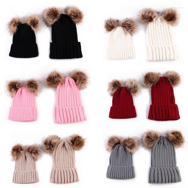 Bérets 2 pièces/ensemble casquettes parent-enfant mignon enfants enfant en bas âge bébé maman fausse fourrure pompon casquette garçons filles hiver bonnet chapeau chaud tricoté