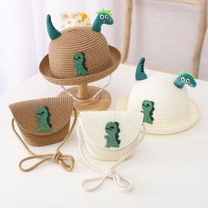 Bérets 2 pièces ensembles enfants bébé chapeau de paille décontracté et sac à bandoulière été enfants filles crème solaire dessin animé casquette de dinosaure